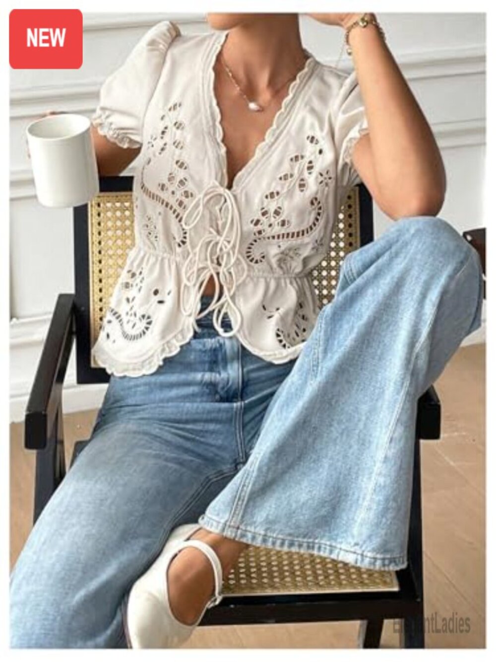 Boho Eyelet Embroidery Blouse Puff Sleeve V Neck - Picture 5 of 5
